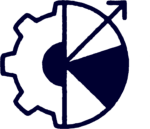 A dark blue gear partially overlapped by a segmented pie chart with an upward-pointing arrow, all on a light background.