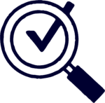 A magnifying glass icon with a check mark inside the lens, symbolizing verification or approved inspection.