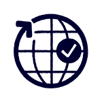 A simple globe icon with a check mark overlapping the right side, indicating global approval or worldwide verification.