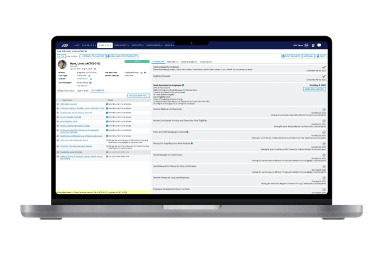 A laptop displays an employee profile and document management interface on an ADP software dashboard, showing tabs, task lists, and navigation menus.