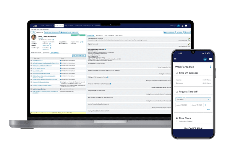 A laptop displays an employee management dashboard, while a smartphone shows a time off request screen in an absence management app.
