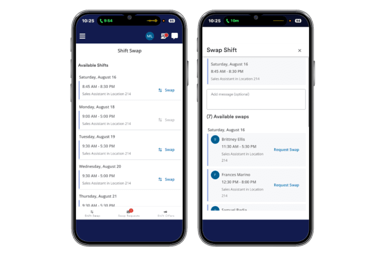 Two smartphone screens display a shift swapping feature in rostering software, showing available shifts and options to swap or request swaps with coworkers.