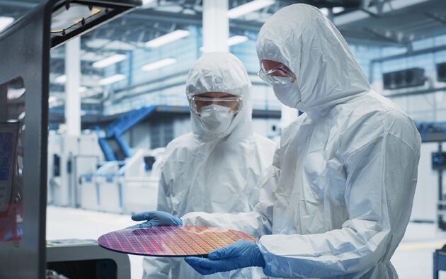 Two people in full cleanroom suits and gloves inspect a silicon wafer in a high-tech manufacturing facility.
