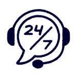 A headset with a speech bubble displaying "24/7," representing around-the-clock customer support or service.