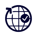 A hand-drawn globe with a diagonal arrow pointing outward and a check mark inside a circle overlaid on the right side.