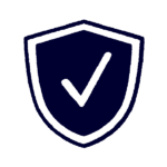 A dark blue shield outline with a checkmark in the center on a light background, symbolizing security or verification.