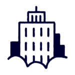 Simple, hand-drawn illustration of a multi-story building with evenly spaced vertical windows and an arched lower edge, set against a plain background.