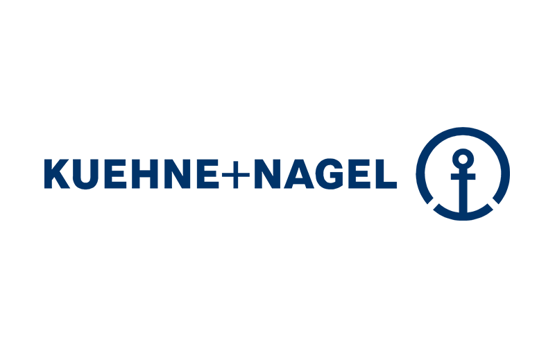 Kuehne + Nagel logo featuring the company name in blue text next to a stylized blue anchor inside a circle on a light background.