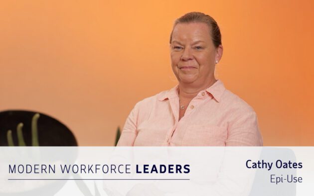 A woman in a light pink shirt sits and smiles in front of an orange background. Text: "MODERN WORKFORCE LEADERS, Cathy Oates, Epi-Use" appears at the bottom.