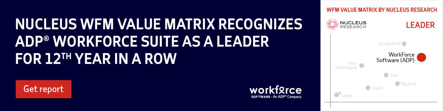 Banner highlights ADP Workforce Suite as a leader in Nucleus WFM Value Matrix for the 12th year, with a chart and "Get report" button.