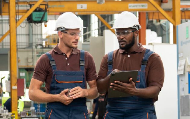 Two workers wearing hard hats and safety glasses review information on a tablet in an industrial facility.