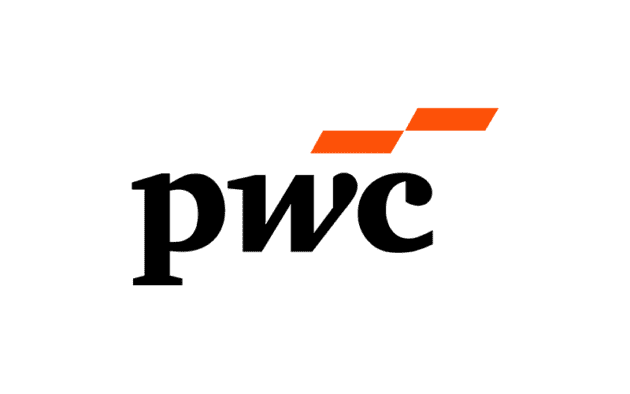 The PwC logo featuring bold black lowercase letters “pwc” with two orange rectangles above the “c” on a white background.
