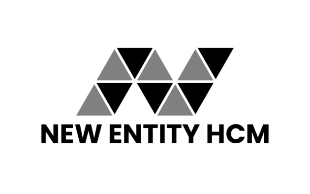 Logo for New Entity HCM featuring a stylized letter M composed of black and grey triangles above the company name.