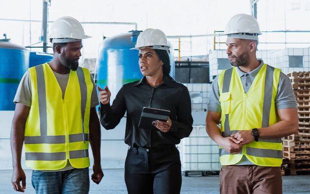 Three workers wearing hard hats and safety vests walk together in an industrial setting; the person in the middle holds a tablet and appears to be leading a discussion.