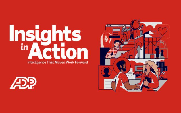 White text reads “Insights in Action. Intelligence That Moves Work Forward.” Illustration shows people working, chatting, with icons for data, charts, and communication. ADP logo is at bottom left.