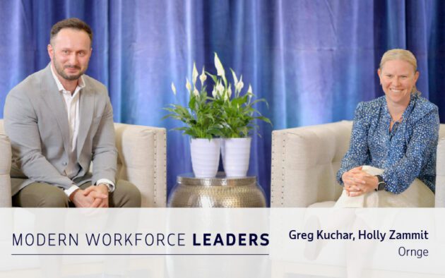 Two people sit on armchairs with a small table and plant between them, in front of a blue curtain. Text reads: “Modern Workforce Leaders. Greg Kuchar, Holly Zammit. Ornge.”.