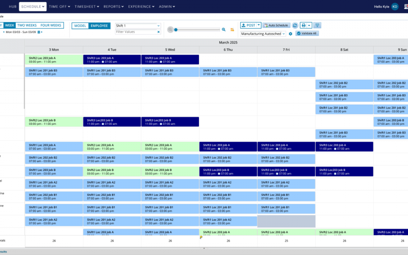 Employee work schedule for the week of March 3–9, 2025, showing shifts assigned to each employee in a color-coded grid, with dates across the top and employee names on the left.