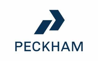 Navy blue geometric arrow design above the word “PECKHAM” in bold, uppercase letters on a white background.